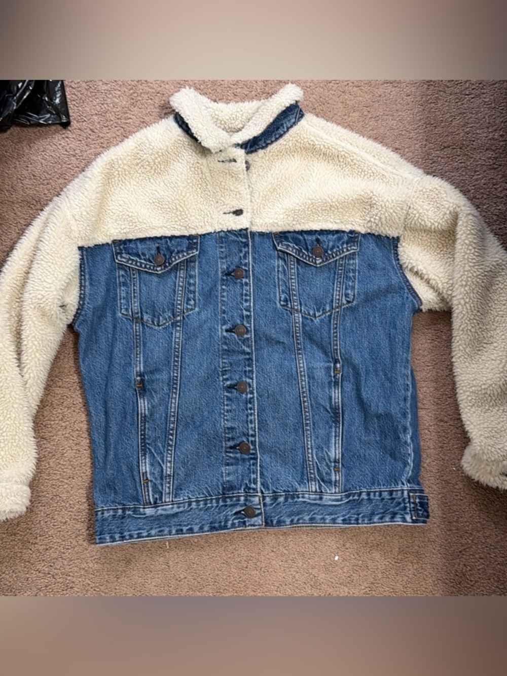 American Eagle Denim Sherpa-Lined Jacket in Blue and Cream